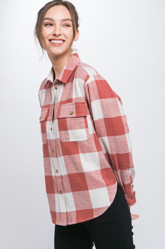 Love Tree Lightweight Plaid Button Down Top