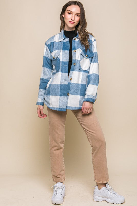 Love Tree Plaid Button Down Jacket with Front Pocket Detail