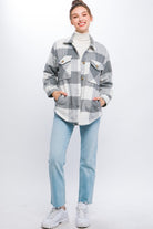 Love Tree Plaid Button Down Jacket with Front Pocket Detail