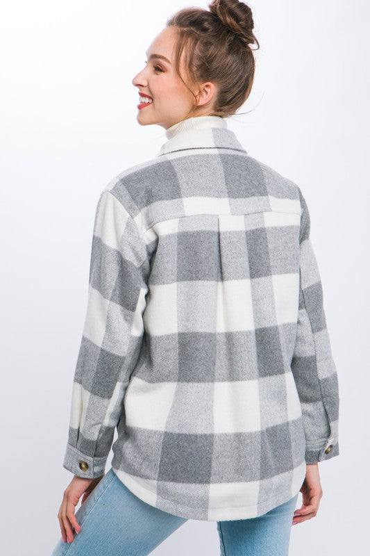 Love Tree Plaid Button Down Jacket with Front Pocket Detail