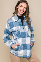 Love Tree Plaid Button Down Jacket with Front Pocket Detail BLUE