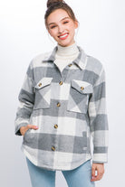 Love Tree Plaid Button Down Jacket with Front Pocket Detail GREY