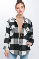 Love Tree Plaid Button Down Jacket with Front Pocket Detail BLACK