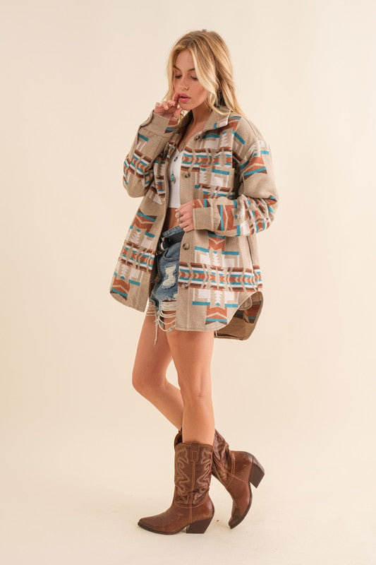 Blue B Taupe and Teal Exclusive Aztec Shirt Jacket Blue B