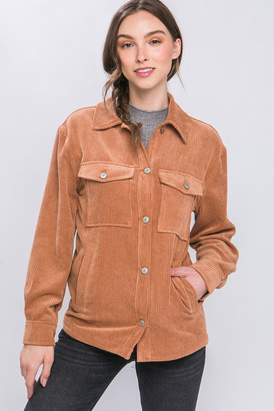 Love Tree Corduroy Button Down Jacket With Pockets CAMEL Love Tree
