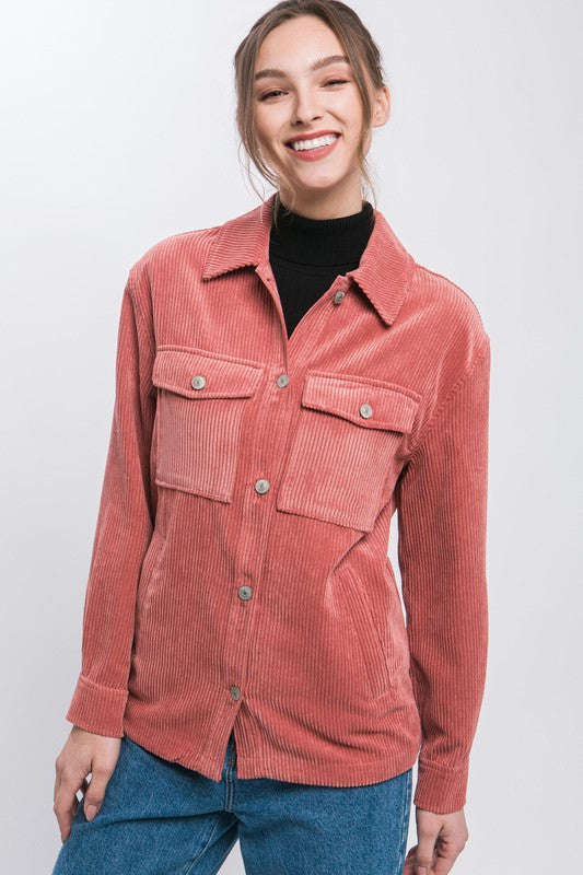 Love Tree Corduroy Button Down Jacket With Pockets CLAY Love Tree