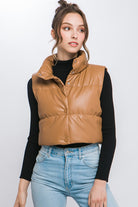 Love Tree PU Faux Leather puffer West With Snap Button CAMEL L