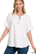 Zenana Raw Edge Detailed Button Closure Short Sleeve Top WHITE ZENANA