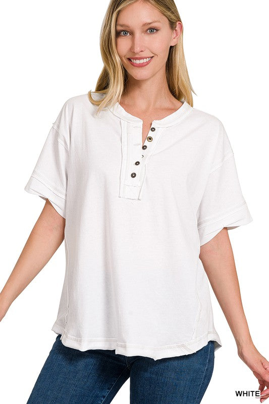 Zenana Raw Edge Detailed Button Closure Short Sleeve Top WHITE ZENANA