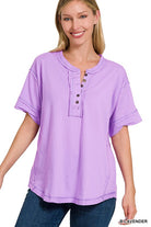 Zenana Raw Edge Detailed Button Closure Short Sleeve Top B LAVENDER ZENANA