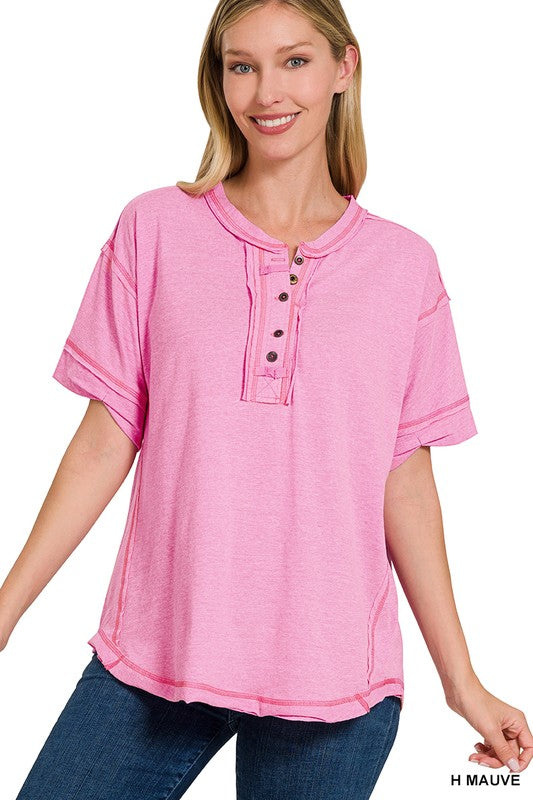 Zenana Raw Edge Detailed Button Closure Short Sleeve Top H MAUVE ZENANA