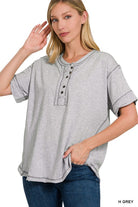 Zenana Raw Edge Detailed Button Closure Short Sleeve Top H GREY ZENANA