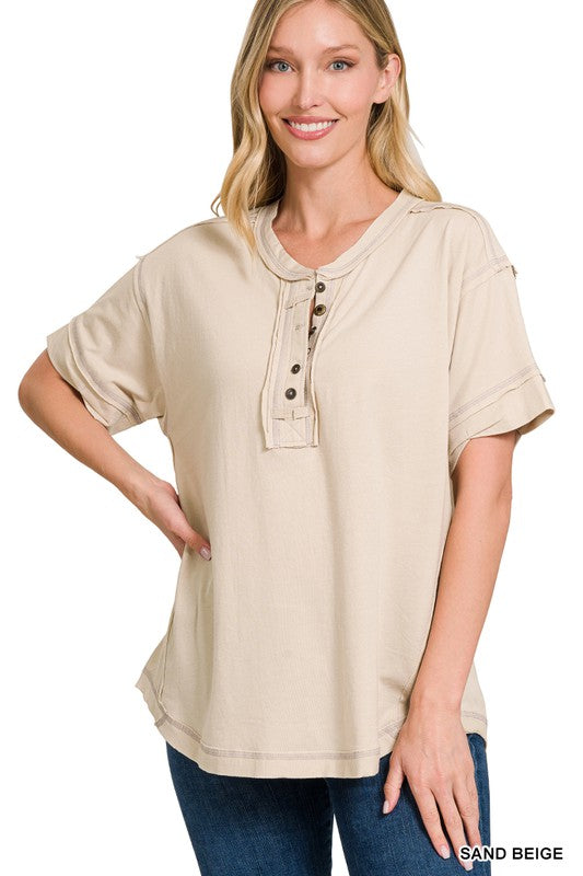 Zenana Raw Edge Detailed Button Closure Short Sleeve Top ZENANA