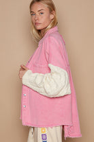 POL Punch Pink & Ivory Contrast Sweater Sleeve Button Down Shacket Ave Shops