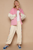 POL Punch Pink & Ivory Contrast Sweater Sleeve Button Down Shacket Ave Shops