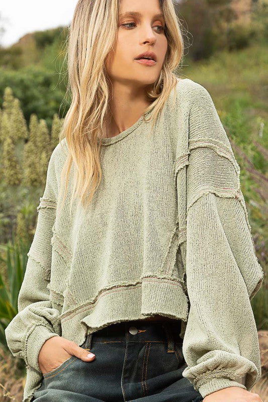 POL Round Neck Balloon Sleeve Hooded Knit Top PALE OLIVE POL