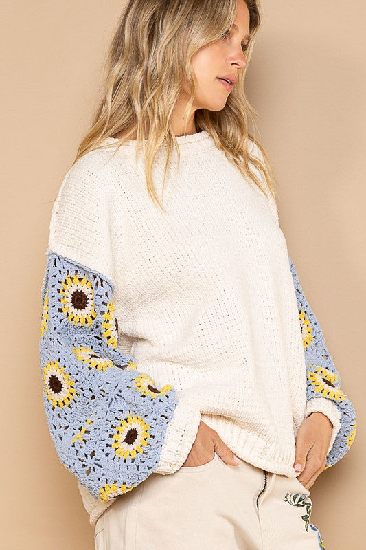 POL Contrast Square Pattern Sleeves Pullover Sweater POL