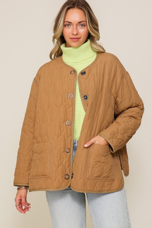 Lumiere Quilted Puffer Jacket with Pockets Brown Lumiere