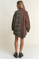 J.NNA Snap Down Tweed Plaid Contrast Longline Shacket Trendsi