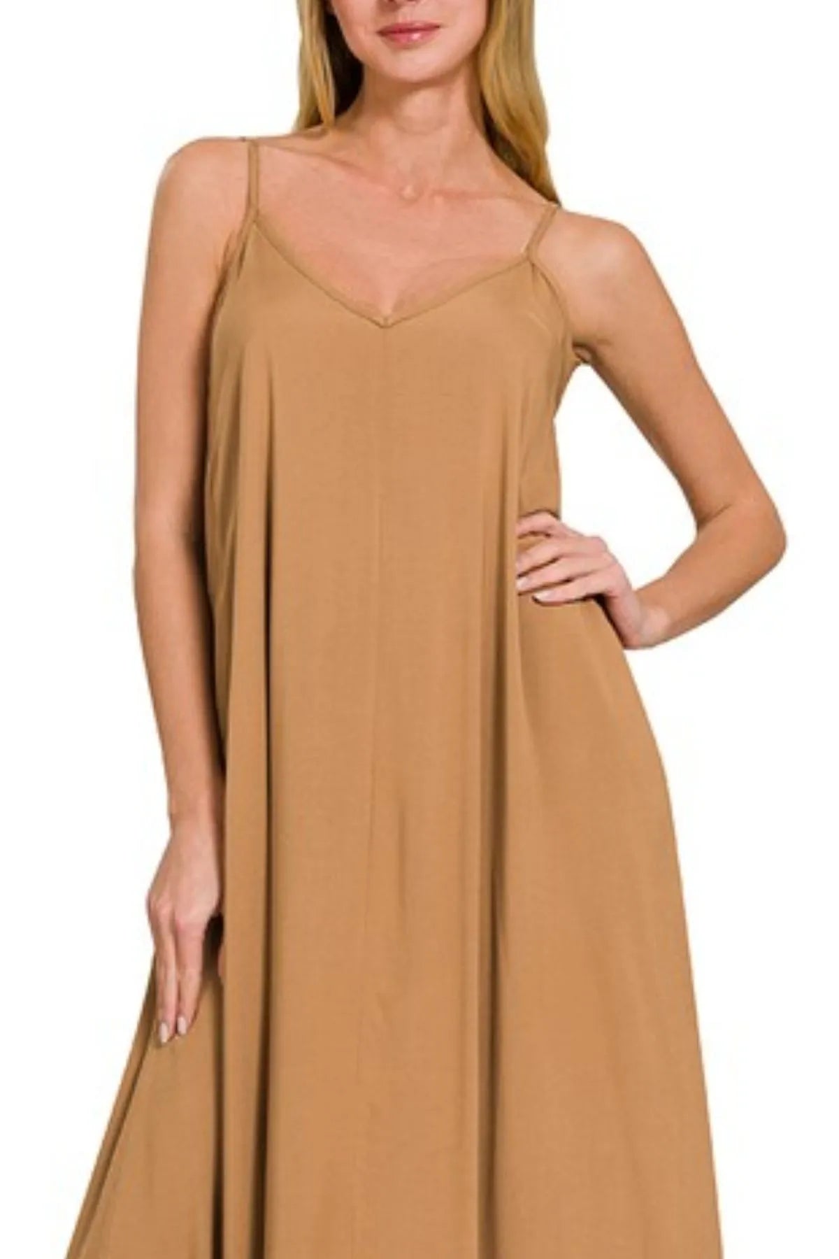 Zenana Deep Camel Woven Arc Hem Cami Dress With Flowy Pockets