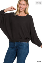 Zenana Plus Ribbed Batwing Long Sleeve Boat Neck Sweater BLACK ZENANA