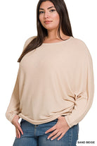 Zenana Plus Ribbed Batwing Long Sleeve Boat Neck Sweater SAND BEIGE ZENANA