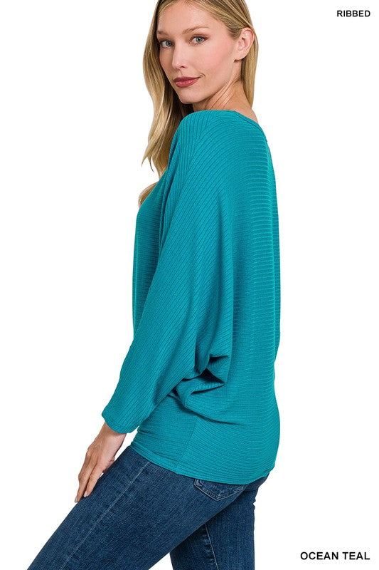 Zenana Ribbed Batwing Long Sleeve Boat Neck Sweater ZENANA