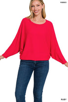 Zenana Ribbed Batwing Long Sleeve Boat Neck Sweater RUBY ZENANA