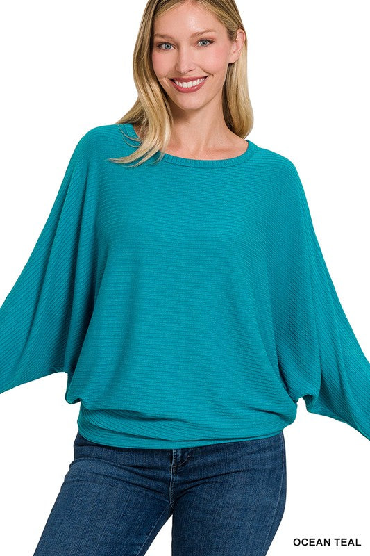 Zenana Ribbed Batwing Long Sleeve Boat Neck Sweater OCEAN TEAL ZENANA