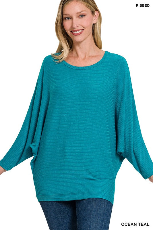 Zenana Ribbed Batwing Long Sleeve Boat Neck Sweater ZENANA