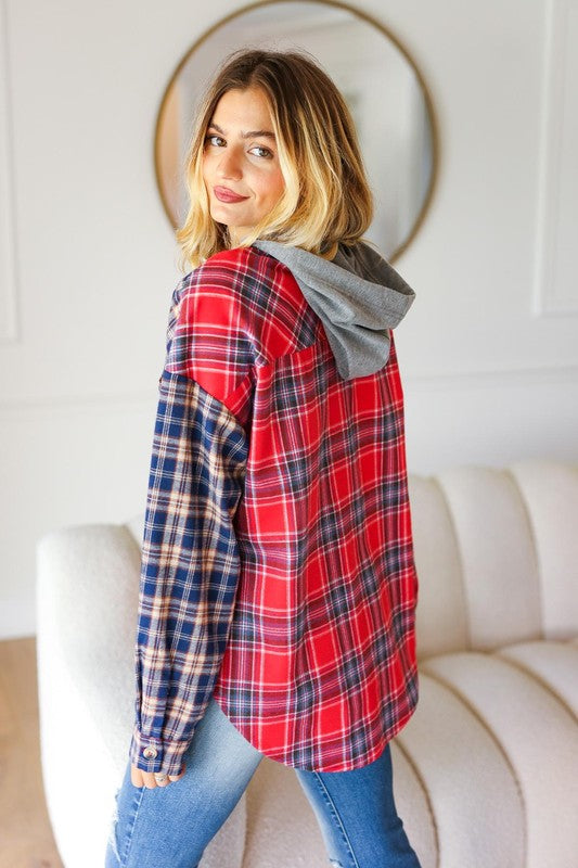 Haptics Main Attraction Red & Navy Plaid Color Block Button Down Hoodie Haptics