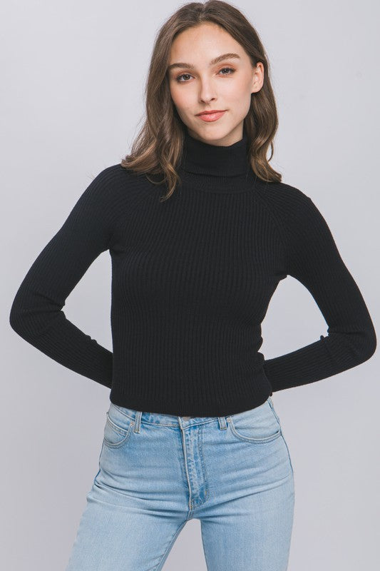 Love Tree Turtleneck Ribbed Knit Sweater Top BLACK Shirts & Tops