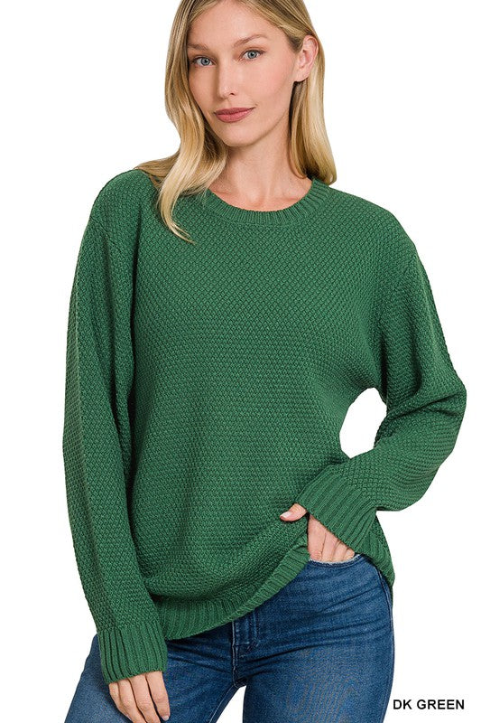 Zenana Round Neck Basic Sweater DK GREEN ZENANA