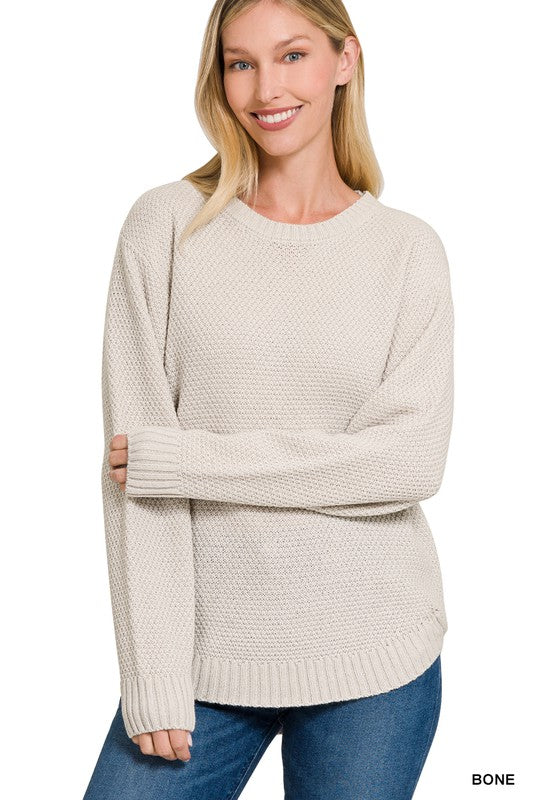 Zenana Round Neck Basic Sweater BONE ZENANA