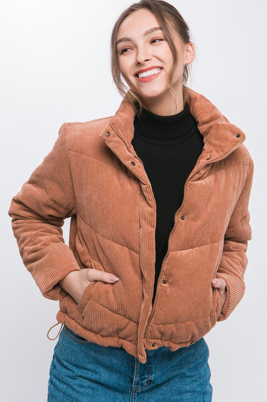 Love Tree Corduroy Puffer Jacket with Toggle Detail CAMEL Love Tree