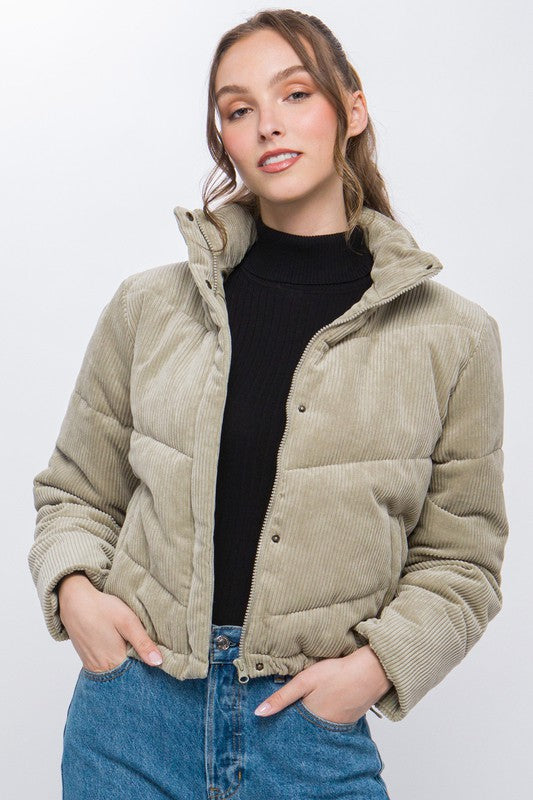 Love Tree Corduroy Puffer Jacket with Toggle Detail MOSS Love Tree
