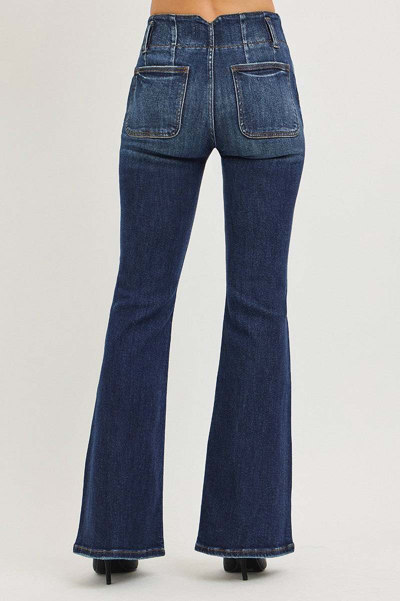 RISEN Dark Washed High Rise Flare Jeans With Seam Detail Waistband