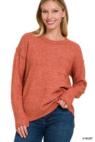 Zenana 9 Colors Melange Hi-Low Hem Round Neck Chest Pocket Sweater H RUST L XL Shirts & Tops