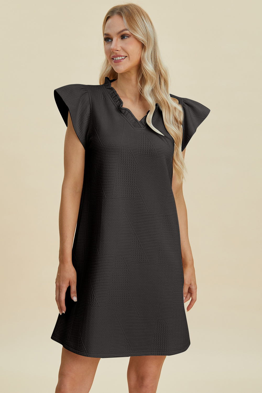 Double Take: 5 Colors Quilted Ruffled V-Neck Cap Sleeve Dress Black Dresses