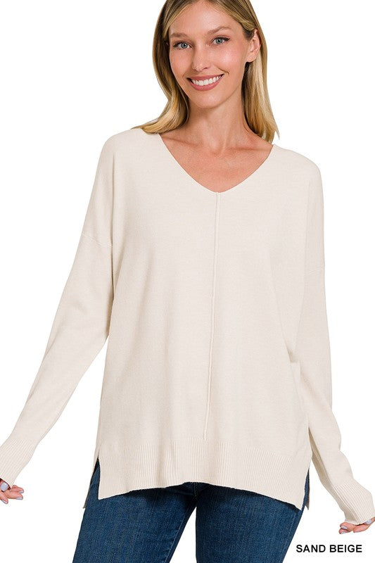 Zenana Garment Dyed Front Seam Side Slit Sweater SAND BEIGE ZENANA