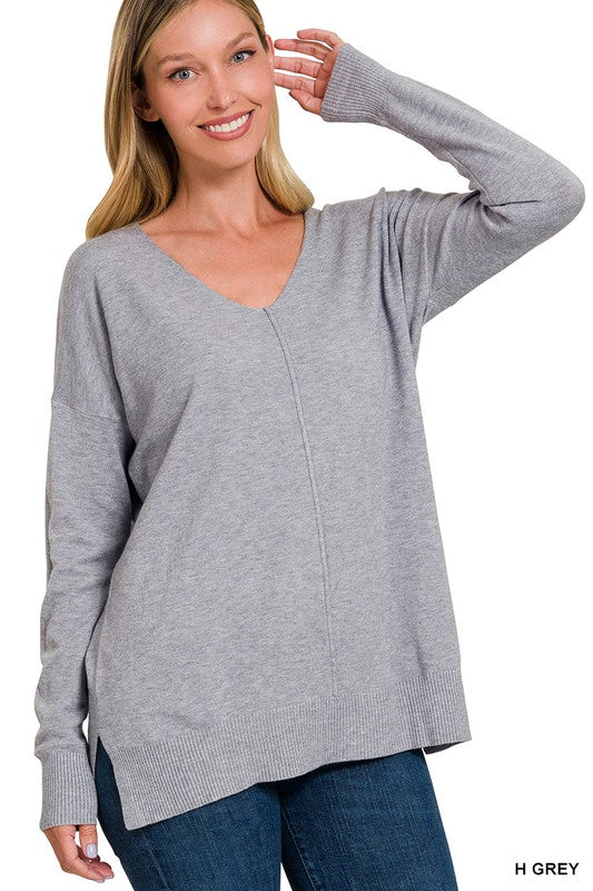 Zenana Garment Dyed Front Seam Side Slit Sweater H GREY ZENANA