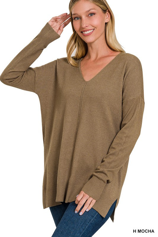 Zenana Garment Dyed Front Seam Side Slit Sweater H MOCHA S/M ZENANA