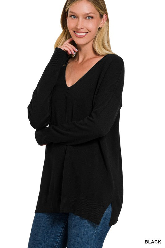 Zenana Garment Dyed Front Seam Side Slit Sweater BLACK S/M ZENANA