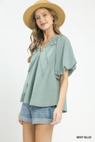 Umgee Mint Blue Lace Inset Puff Sleeve Boho Blouse