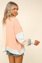 Haptics Haptics Round Neck Bubble Long Sleeve Plaid Flower Patch Color Block Pullover in Peach / Oatmeal