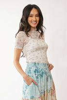 Davi & Dani Floral Mesh Mock Neck Short Sleeve Top