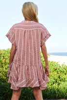 Davi & Dani Embroidery V Neck Short Sleeve Ruffled French Mauve Mini Dress