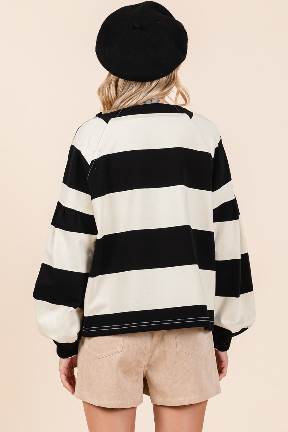 Mittoshop Black & Ivory Striped Snap Shoulder Long Sleeve T-Shirt Shirts & Tops