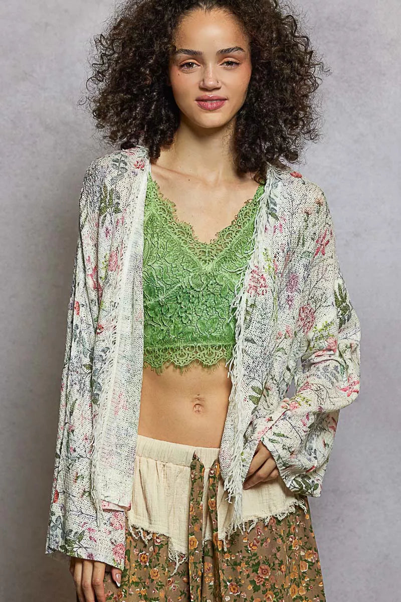 POL Ivory Floral Open Front Floral Cardigan with Center Open Fringe