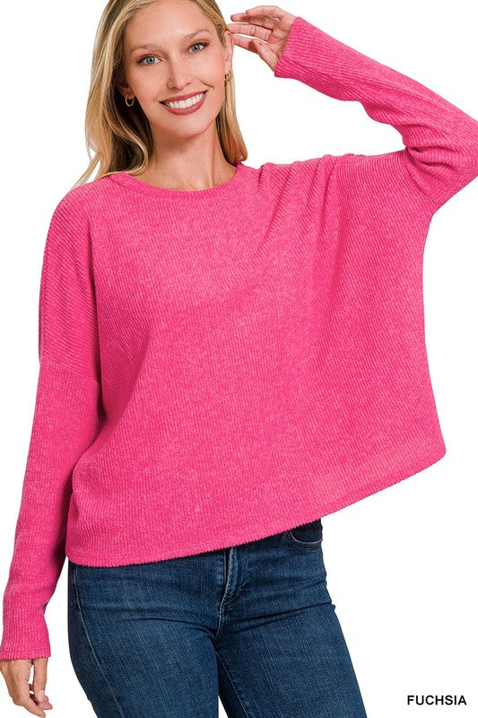 Zenana Ribbed Dolman Long Sleeve Sweater FUCHSIA ZENANA